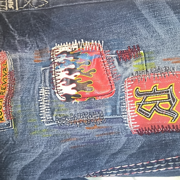 Rock Revival Blue Denim Jeans with Red Flame & Patch Accents - Picture 3 of 6